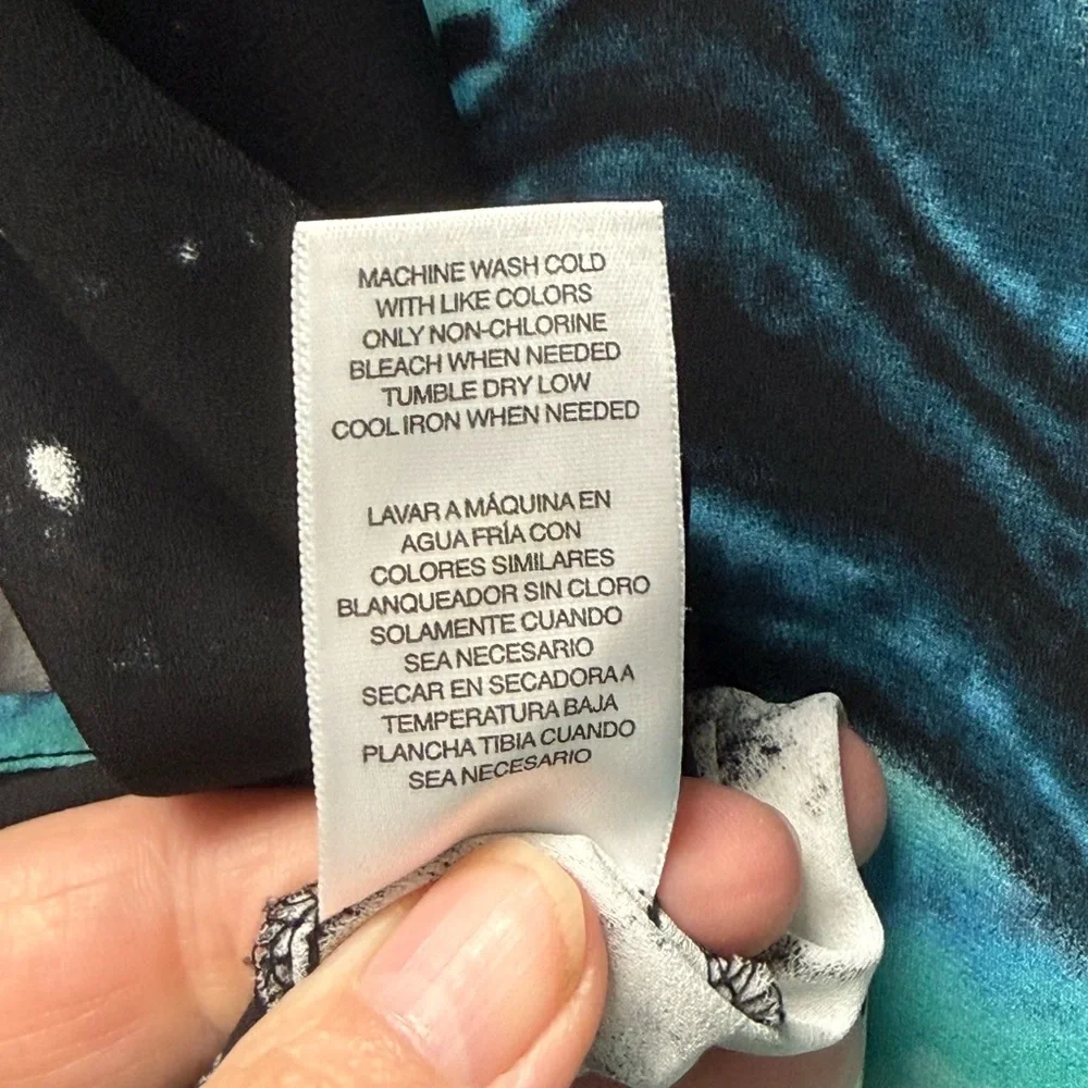 Valerie Stevens Teal Gray Abstract Blouse L Tie Neck Career Chic Top - Picture 8 of 9